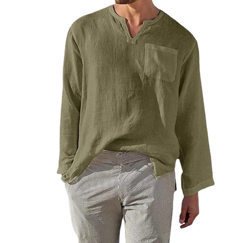 Men's Classic Casual V-Neck Cotton and Linen Long Sleeve Shirt 89901691K