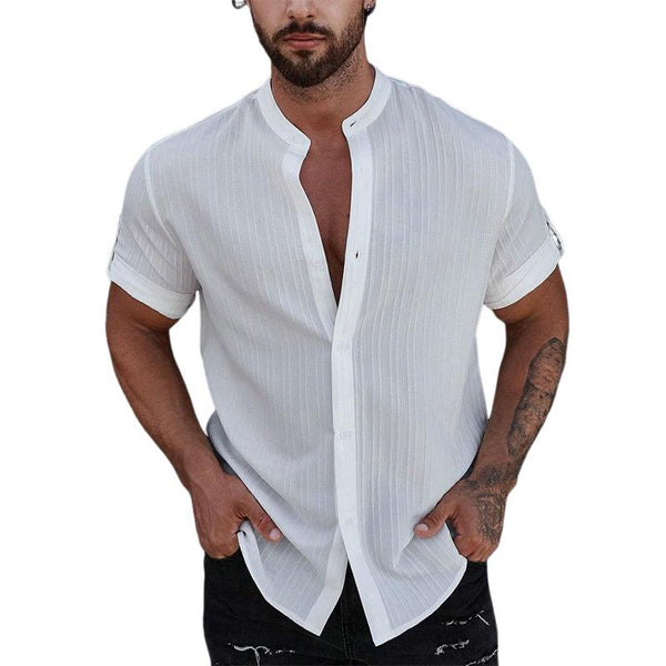 Men's Stand Collar Cotton and Linen Short Sleeve Shirt 65986942X
