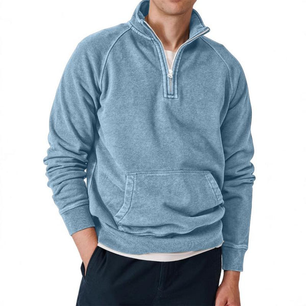 Men's Solid Zip Stand Collar Long Sleeve Kangaroo Pocket Sweatshirt 47037366Z