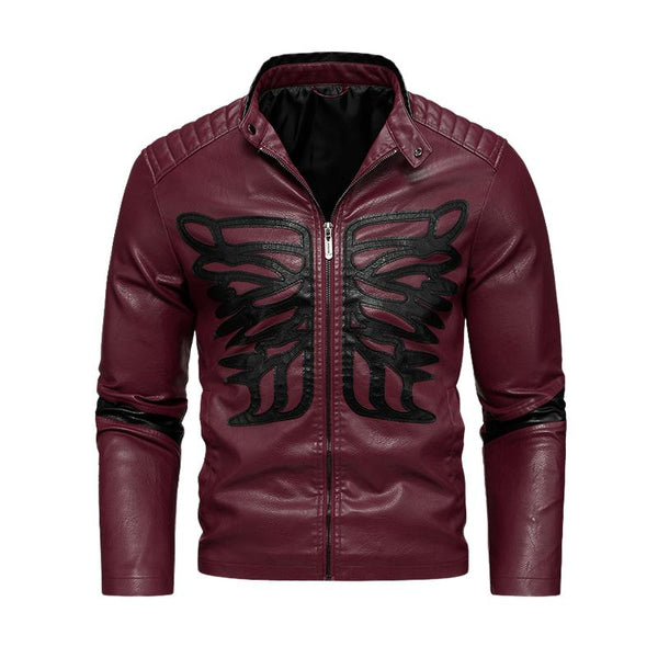 Men's Vintage Stand Collar Colorblock Embroidered Zipper Leather Jacket 86810895M