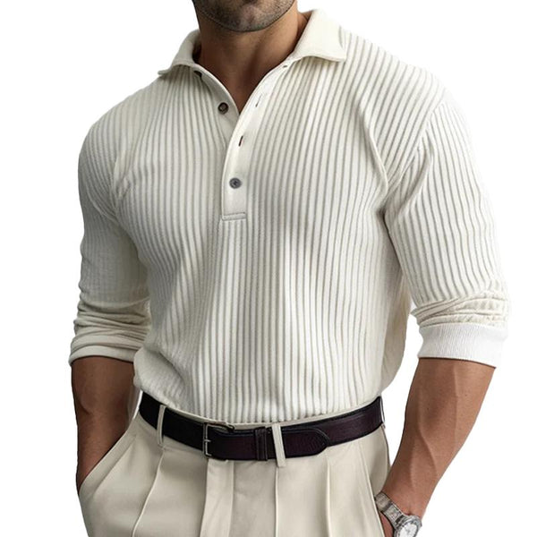 Men's Solid Striped Lapel Long Sleeve Polo Shirt 11488498Z