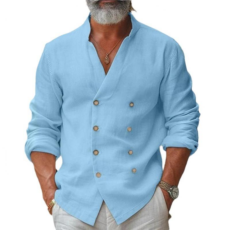 Camicia da uomo in cotone e lino con colletto alla coreana e maniche lunghe doppiopetto 17140848Z