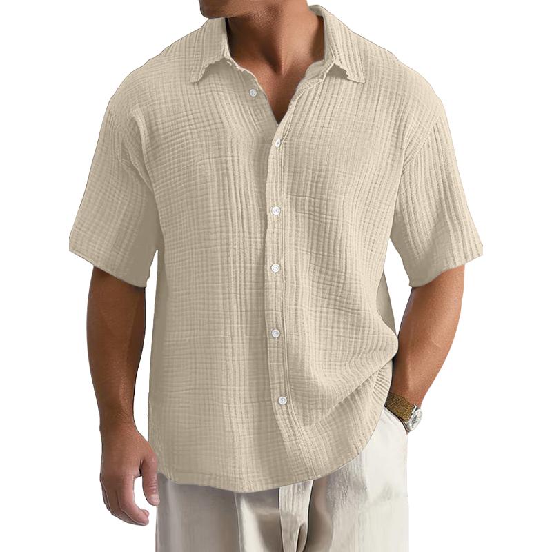 Men's Casual Solid Color Cotton Linen Pleated Lapel Short-sleeved Shirt 59417496M