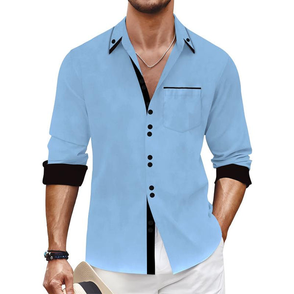 Men's Color Block Lapel Chest Pocket Long Sleeve Shirt 56686158Z