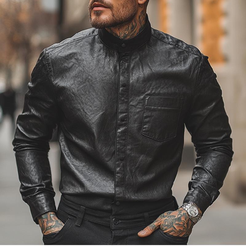 Men's Classic Versatile Stand-up Collar Long-sleeved Leather Shirt 11206100F