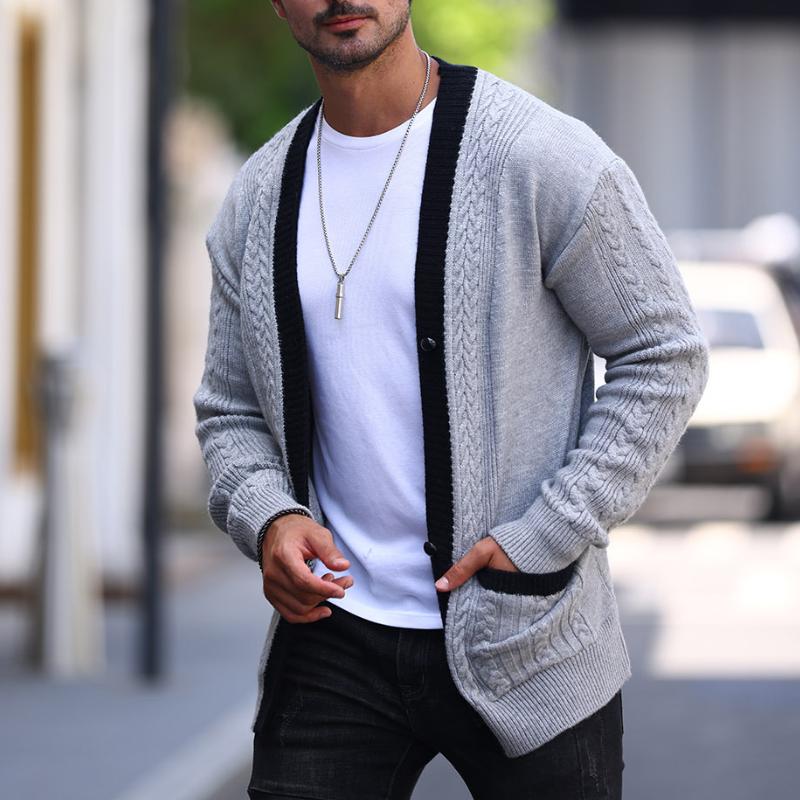 Men's Colorblock Cable Knit Single-Breasted Cardigan 59511158Y