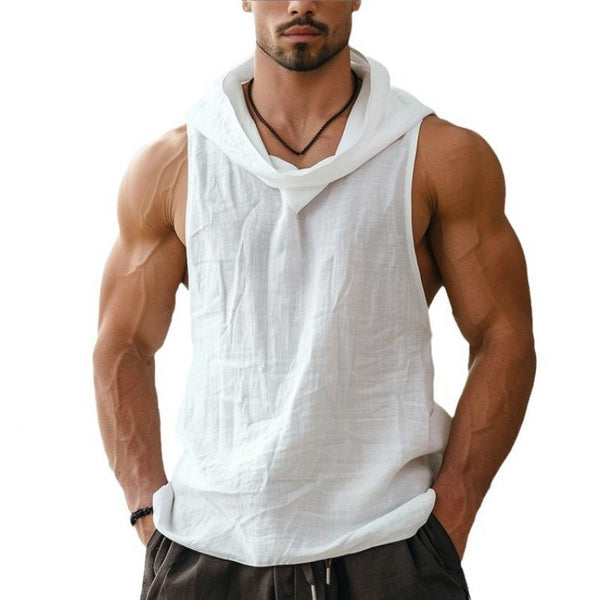 Men's Solid Cotton And Linen Hooded Sleeveless Tank Top 60860905Z