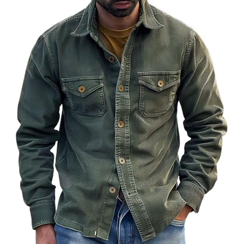 Men's Casual Distressed Corduroy Lapel Workwear Long Sleeve Shirt 24673883M