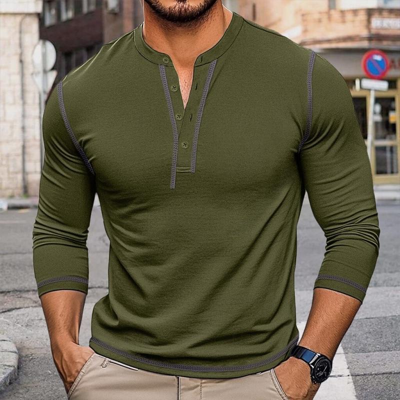 Men's Retro Contrast Color Button Crew Neck Slim FitLong Sleeve T-Shirt 01368832Y