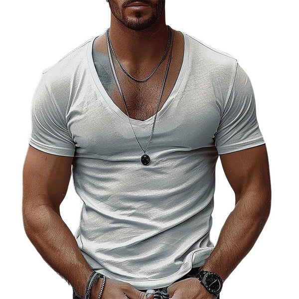 Men's Solid Color V-neck Cotton Blend Basic Short-sleeved T-shirt 60393828X