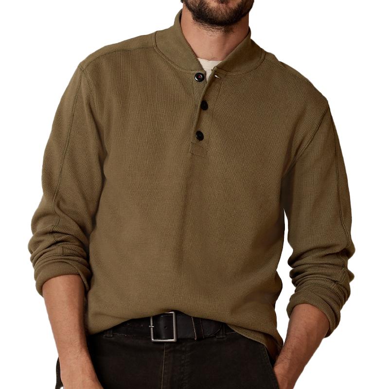 Men's Solid Waffle Stand Collar Long Sleeve Casual T-shirt 50074284Z