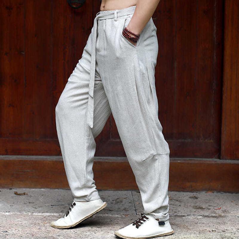 Men's Solid Color Cotton And Linen Loose With Belt Trousers 24480296Z