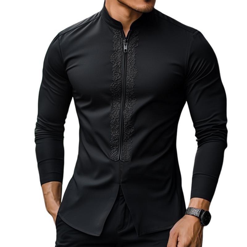 Men's Retro Casual Stand Collar Zipper Long Sleeve Shirt 69318243TO