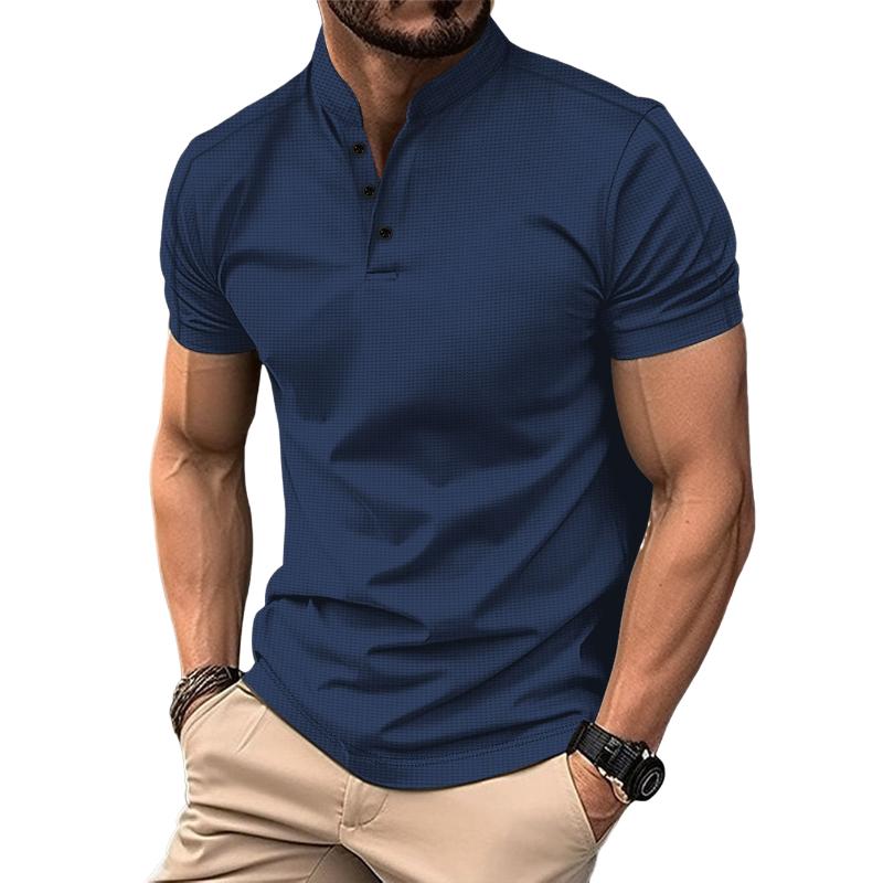 Men's Casual Stand Collar Waffle Slim Fit Short Sleeve T-Shirt 21454794M