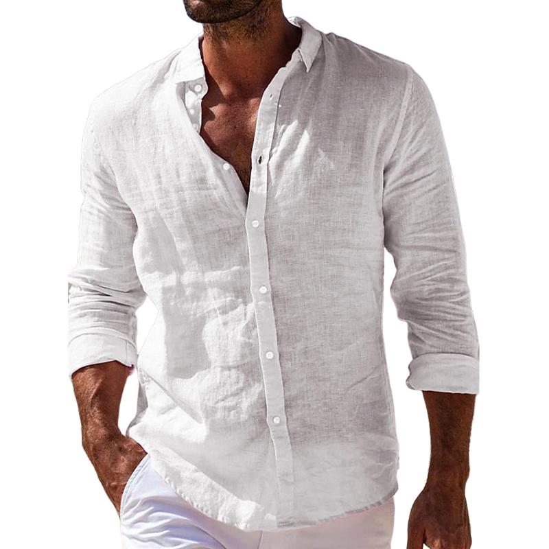 Men's Casual Solid Color Lapel Cotton Linen Long-Sleeved Shirt 64708769M