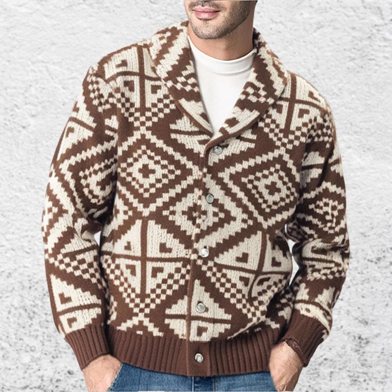 Men's Vintage Geometric Jacquard Lapel Single Breasted Knit Cardigan 43499212M