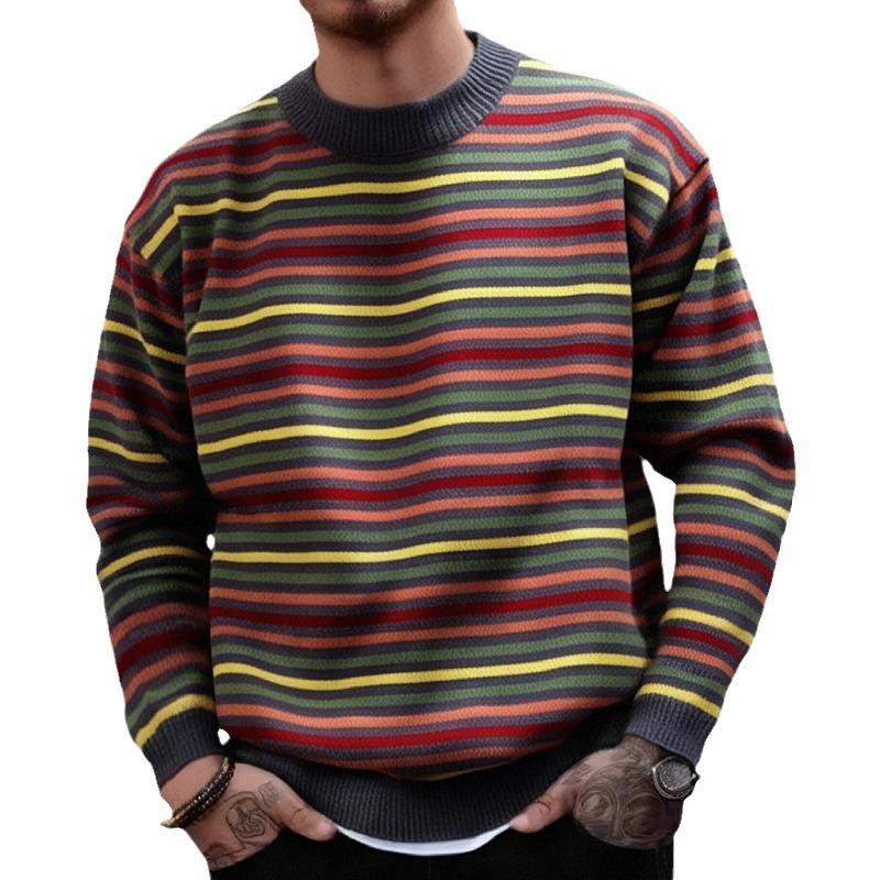 Men's Casual Crew Neck Rainbow Striped Knitted Pullover Sweater 73747415M