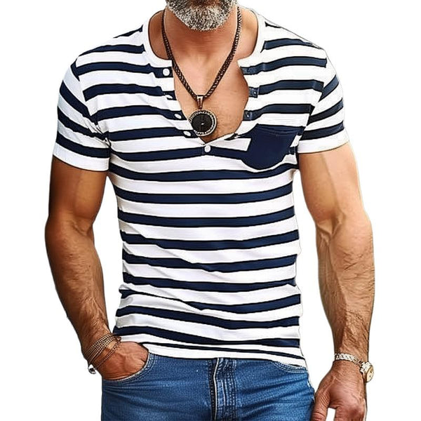 Men's Simple Striped Henley Collar Chest Pocket Short Sleeve T-Shirt 34120957Y
