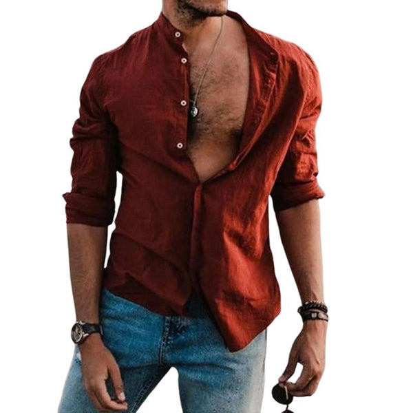 Men's Cotton Stand Collar Solid Color Long Sleeve Shirt 77004050X