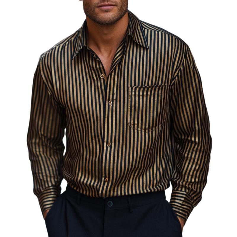 Men's Casual Striped Satin Lapel Long-sleeved Shirt 54501608F