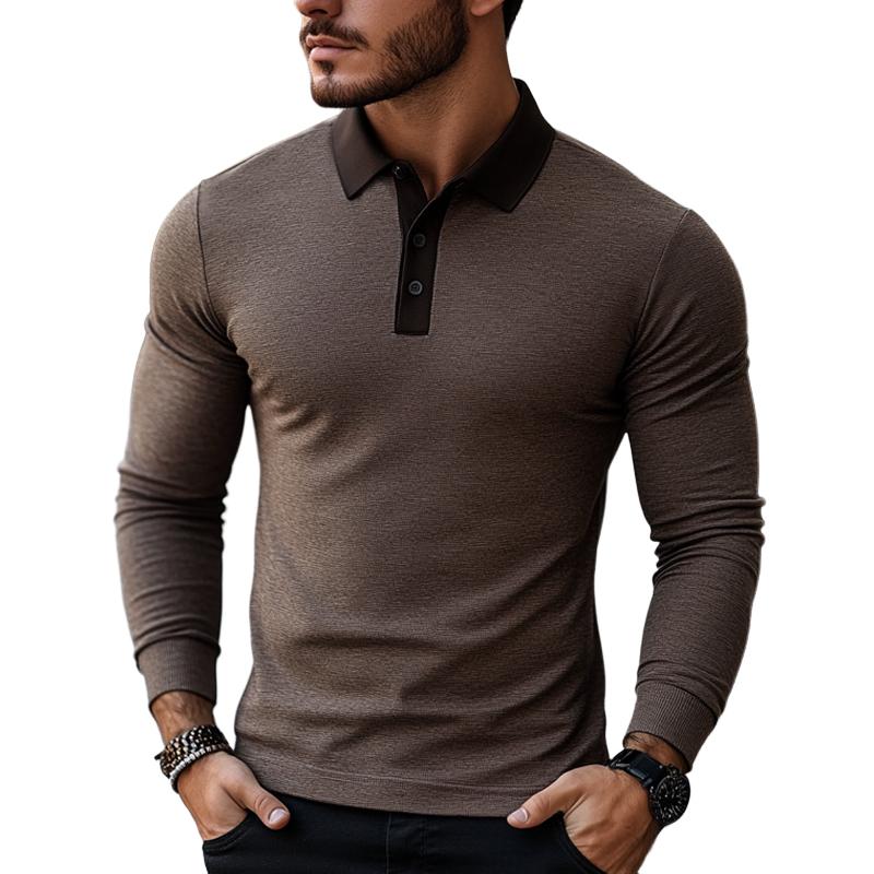 Men's Coffee Color Block Collar Long Sleeve Polo Shirt 95927155U