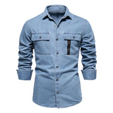 Men's Denim Lapel Chest Pocket Long Sleeve Cargo Shirt 80094373Z