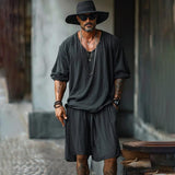 Men's Solid Color Cotton And Linen Round Neck Long Sleeve T-shirt Shorts Set 90218851Z