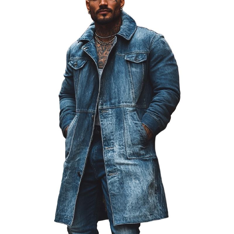 Men's Retro Mid-Length Lapel Washed Denim Jacket 46500369F