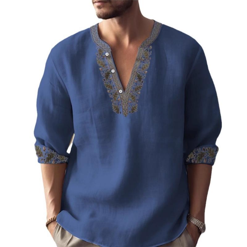 Men's Print Linen V Neck Long Sleeve Shirt 56578095Z