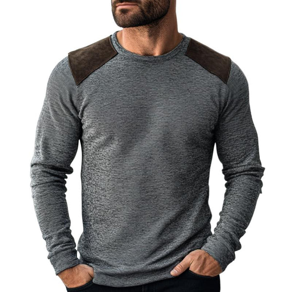 Men's Casual Round Neck Suede Patch Slim Fit Long Sleeve T-shirt 52624266M