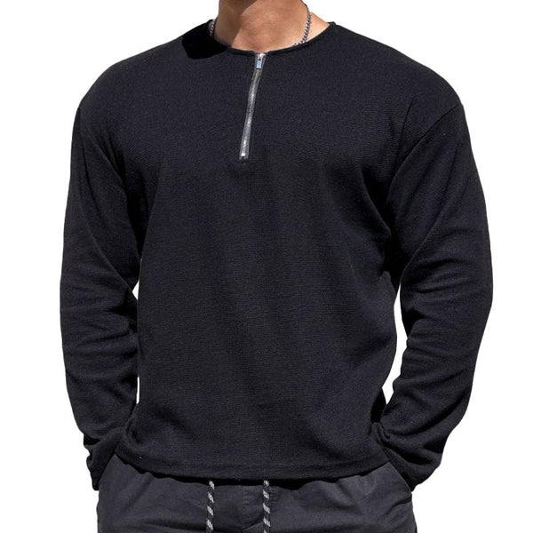 Men's Solid Waffle Zip Round Neck Long Sleeve Casual T-shirt 93451037Z