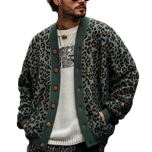 Men's Vintage Leopard Jacquard Colorblock Single Breasted Cardigan 23865460Y