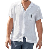 Men's Cross Print Breast Pocket Lapel Short Sleeve Shirts 07376805Z