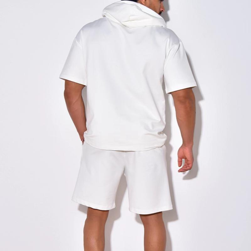 Men's Solid Color Short-Sleeved Hooded Sweatshirt Shorts Sports Set 18856174Y