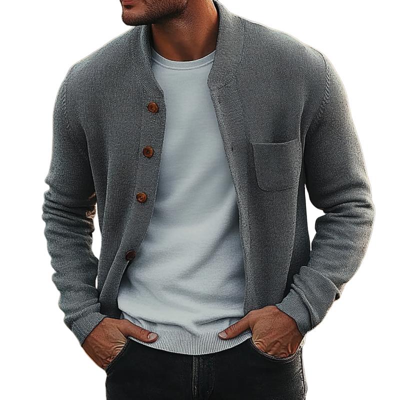 Men's Retro Crew Neck Knitted Chest Pocket Cardigan 89421325Y