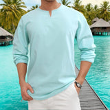 Men's Retro Casual Solid Color Small V Neck Long Sleeve T-shirt 53094656TO