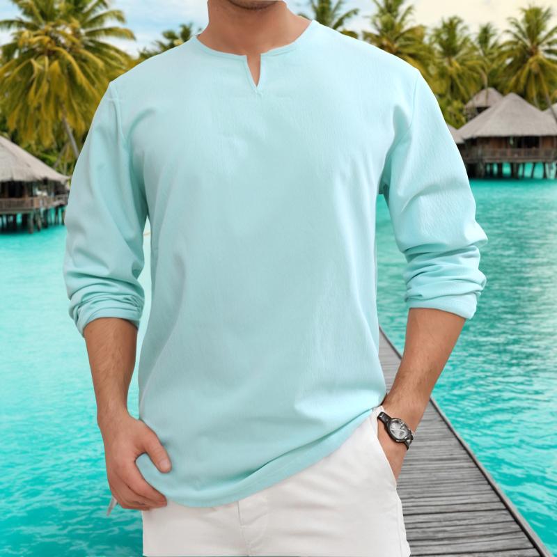 Men's Retro Casual Solid Color Small V Neck Long Sleeve T-shirt 53094656TO