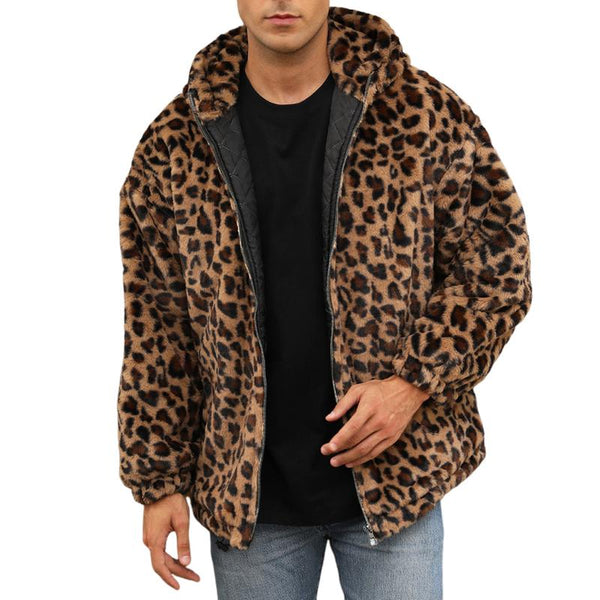 Men's Fashion Leopard Print Warm Fleece Zipper Padded Bomber Jacket 83611903M