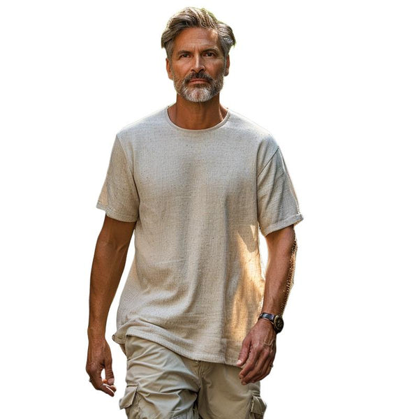 Men's Round Neck Cotton and Linen Short-sleeved T-shirt 36904211X