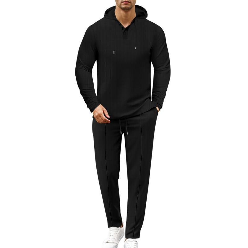 Men's Casual Solid Color Waffle Loose Hoodie Sports Pants Set 18828417M