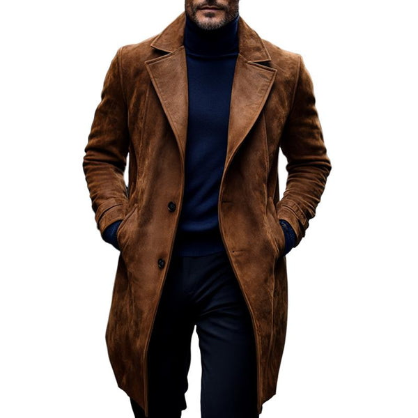 Men's Fashion Suede Notch Lapel Two Buttons Long Coat 94412487Z