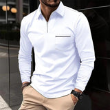 Men's Solid Zipper Lapel Breast Pocket Long Sleeve Polo Shirt 49740491Z