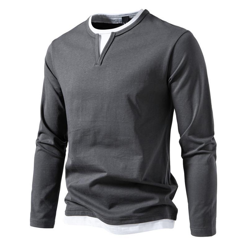 Men's Casual Color Matching Fake Two-Piece Double-Layer V-Neck Long-Sleeved T-Shirt 49232635Y