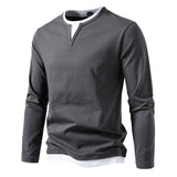 Men's Casual Color Matching Fake Two-Piece Double-Layer V-Neck Long-Sleeved T-Shirt 49232635Y