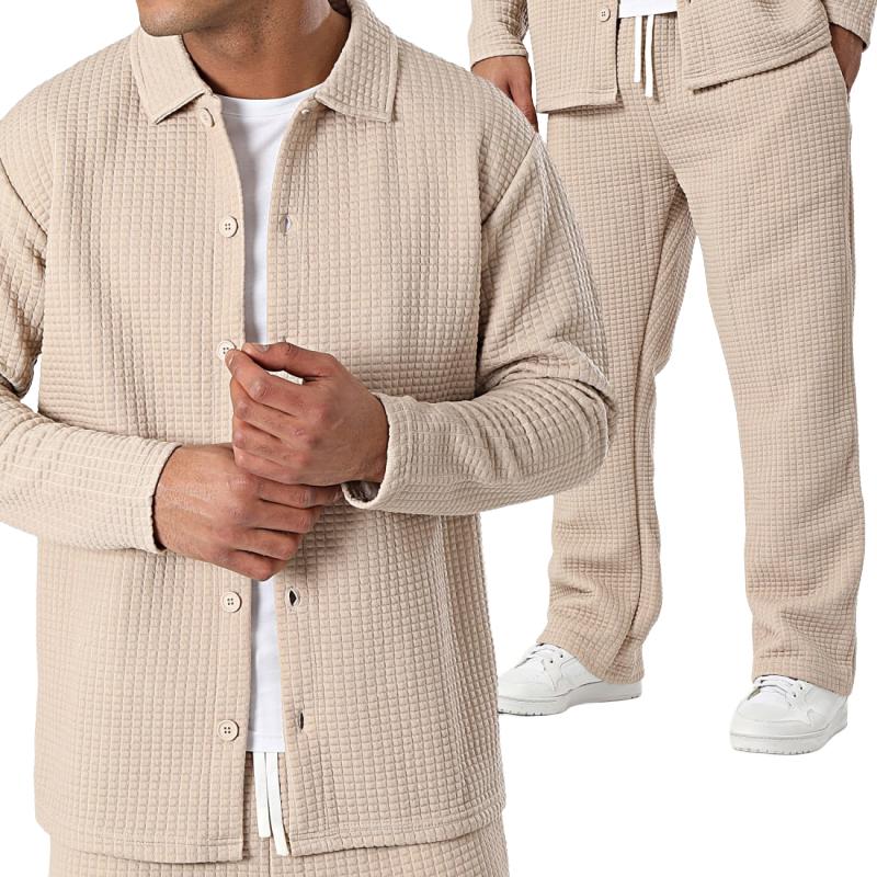 Men's Solid Waffle Jacket and Pants Set 54656528Y