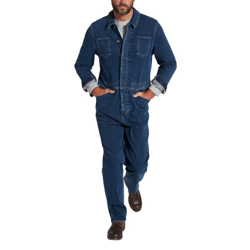 Men's Fashion Lapel Single Breasted Multi-Pocket Denim Jumpsuit 55942833Y