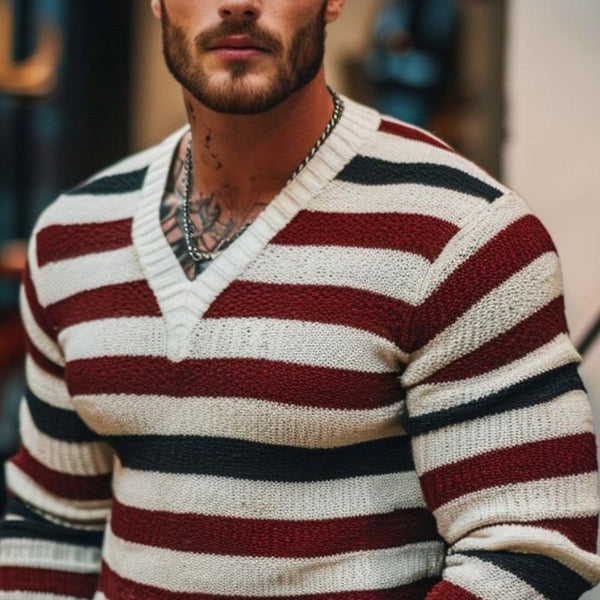 Men's Casual Colorblock Striped Knit V-Neck Slim Fit Sweater 82372153Y