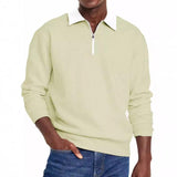 Men's Casual Half Zip Contrast Color Lapel Loose Long Sleeve Polo Shirt 93098285M