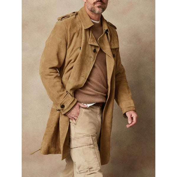 Men's Vintage Suede Lapel Single Breasted Mid-Length Trench Coat 83142592Y