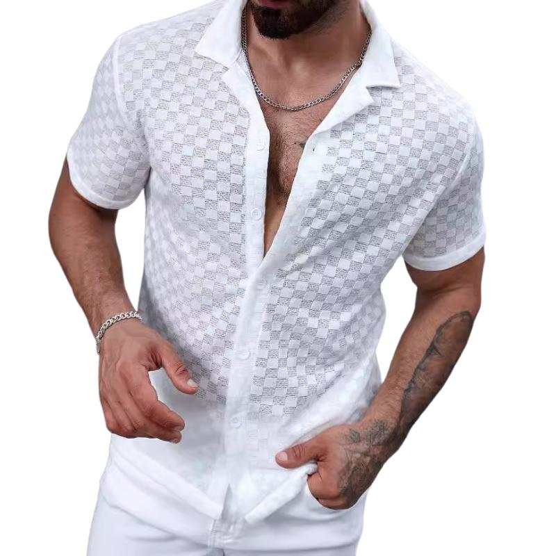 Men's Casual Solid Color Lace Lapel Short Sleeve Shirt 86252733TO